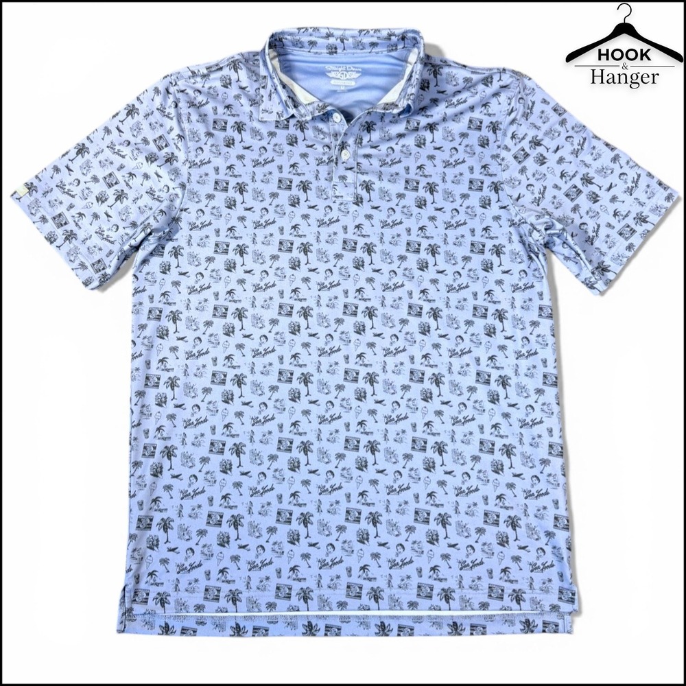 Straight Down Performance Polo‎ Mens M Blue Hawaiian Print Sea Foods Butterfield